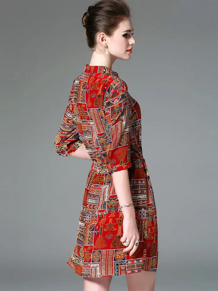 Ladies vintage print stitching slim shirt dress