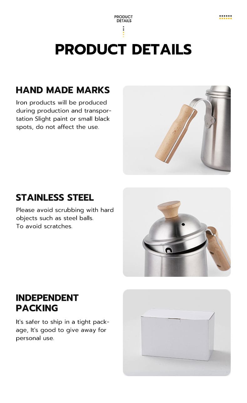 Wooden handle stainless steel coffee hand brew pot 650ml