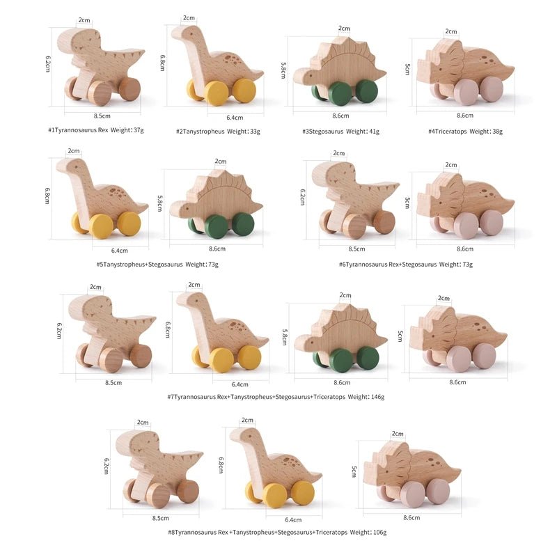 1 pc Beech Wood Montessori Toy Dinosaur with wheels multivariant - Nexellus