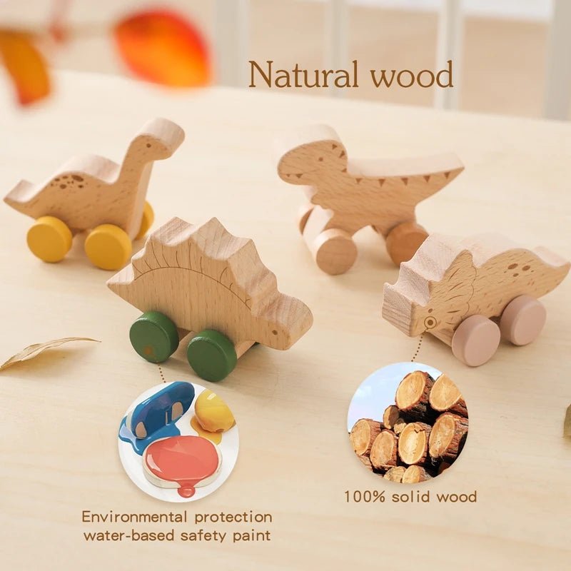 1 pc Beech Wood Montessori Toy Dinosaur with wheels multivariant - Nexellus