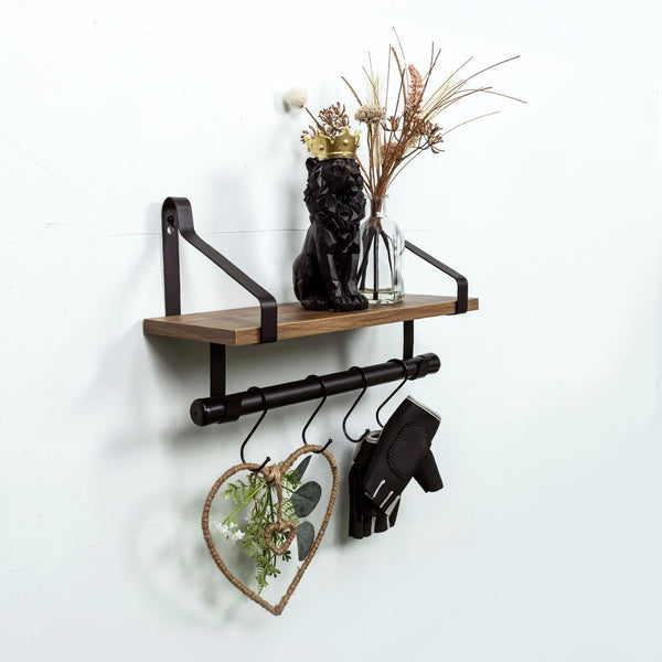 1 Tier Dark Oak Wall Shelf with Black Rail Hanging Frame - PARGI - Nexellus