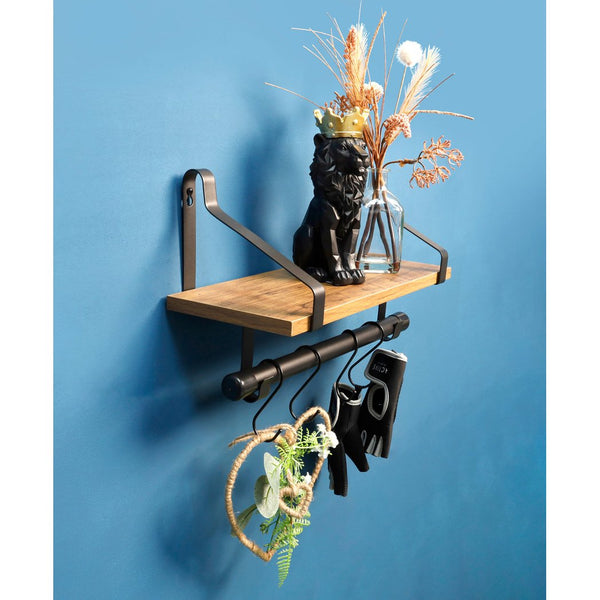 1 Tier Dark Oak Wall Shelf with Black Rail Hanging Frame - PARGI - Nexellus