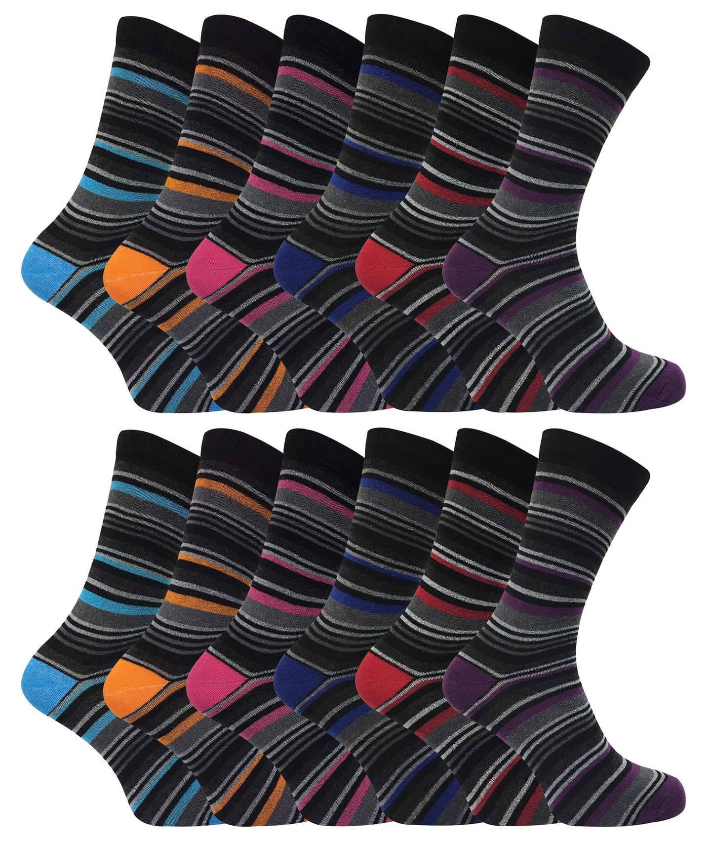 12 Pair Multipack Mens Cotton Striped Socks - Nexellus