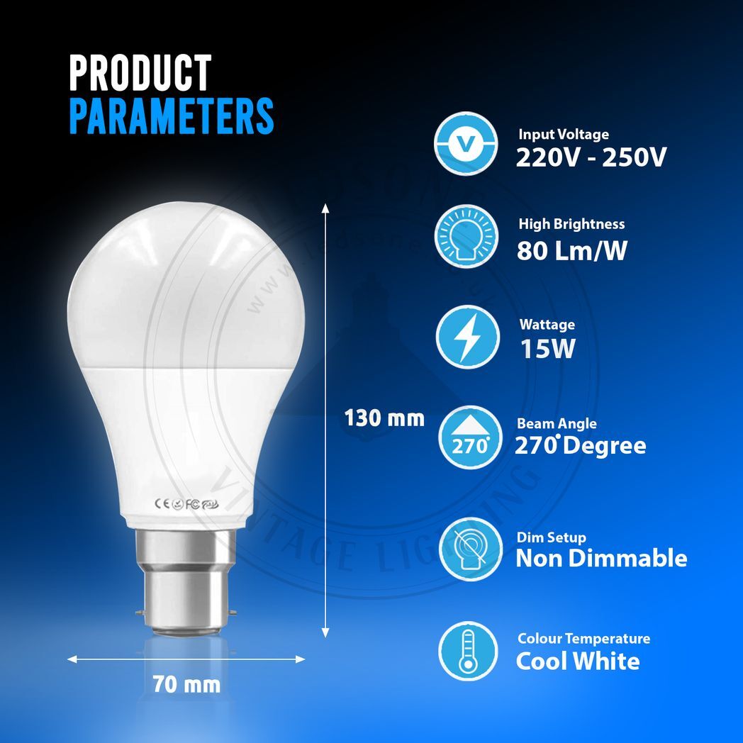 15W B22 Screw LED Light GLS bulbs, Energy Saving Edison Cool White 6000K non dimmable lights - Nexellus