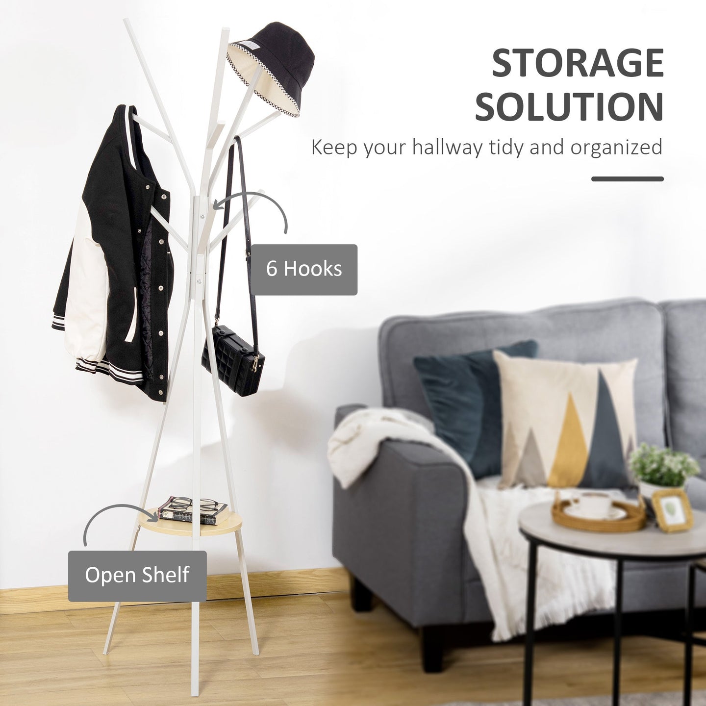 180cm Coat Rack Metal Clothes and Scarves Hat Hanger Hall Tree 9 Hooks - White - Nexellus