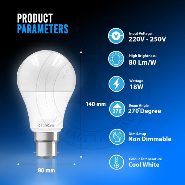 18W B22 Screw LED Light GLS bulbs, Energy Saving Edison Cool White 6000K non dimmable lights - Nexellus