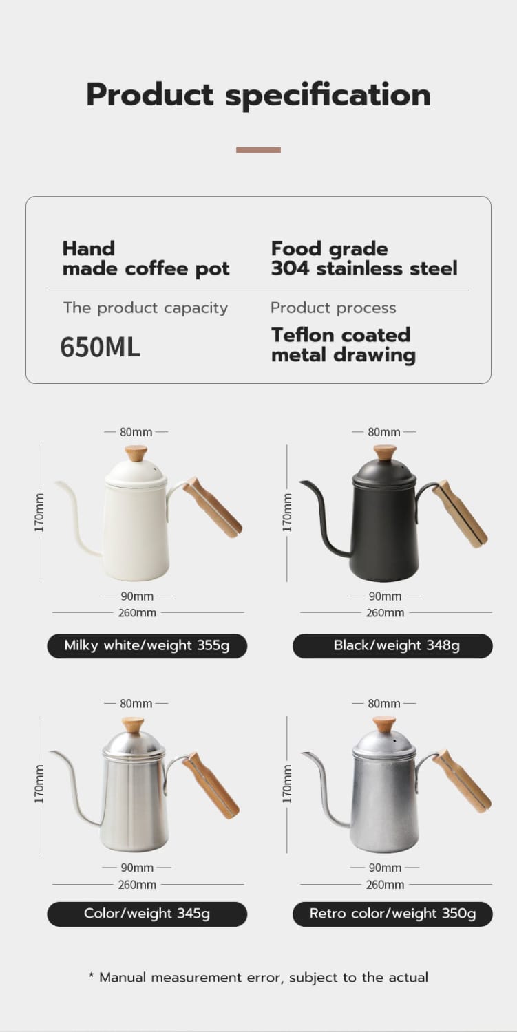 Wooden handle stainless steel coffee hand brew pot 650ml