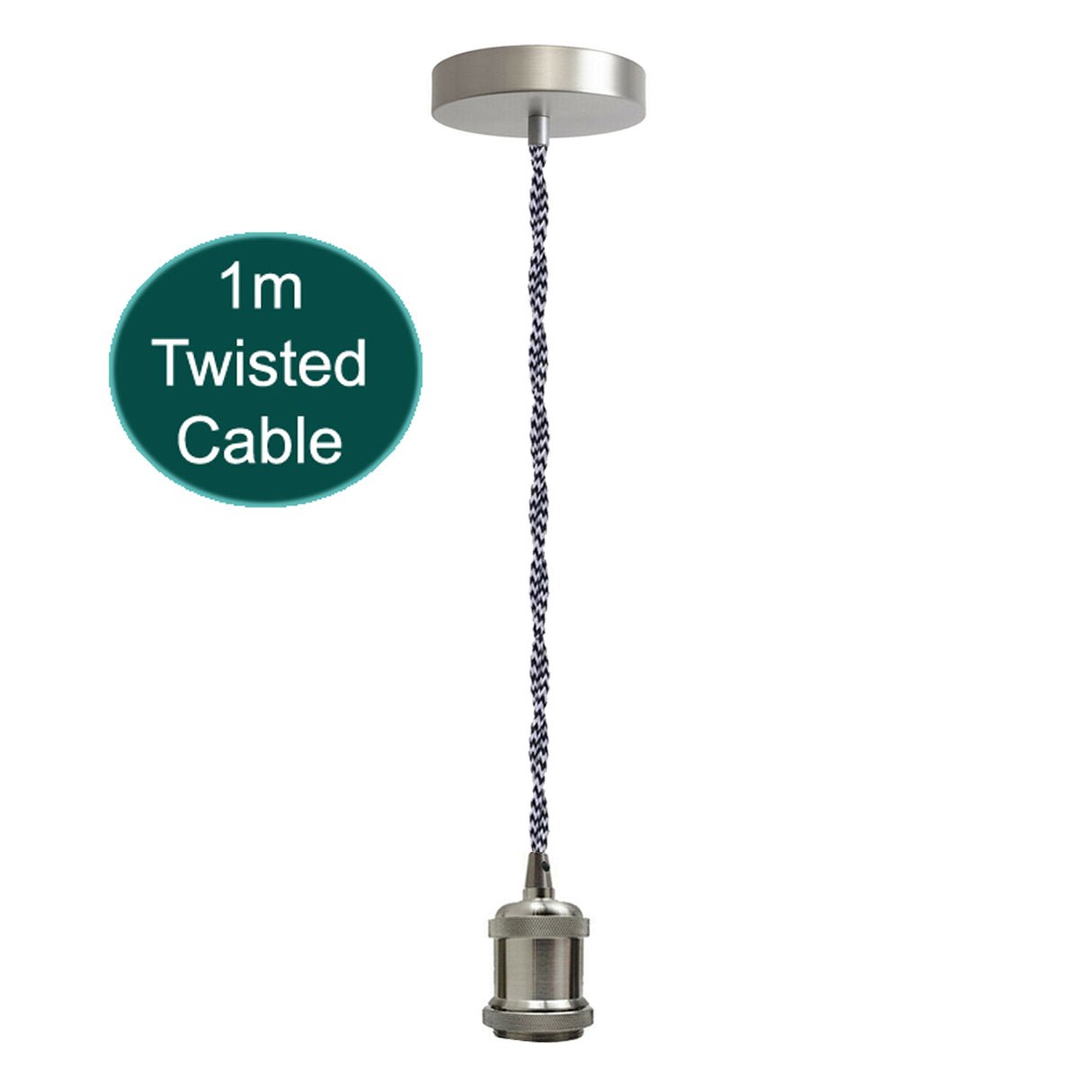 1m Black And White Twisted Cable E27 Base Satin Nickel Holder~1709 - Nexellus