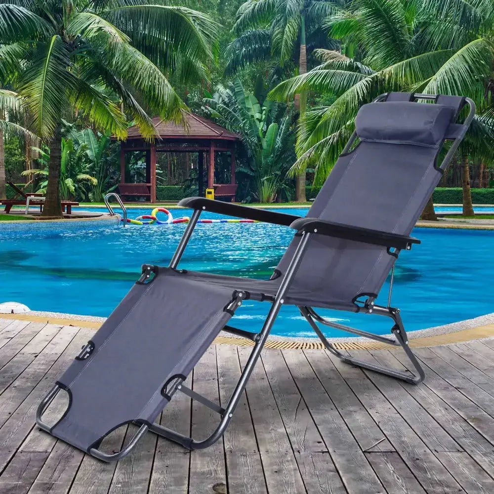 2 in 1 outdoor folding sun lounger w/ adjustable back and pillow grey - Nexellus