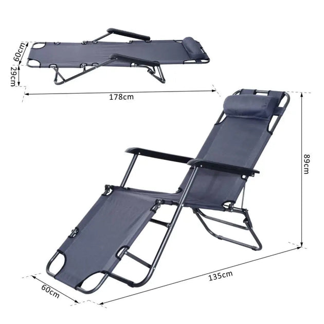 2 in 1 outdoor folding sun lounger w/ adjustable back and pillow grey Nexellus