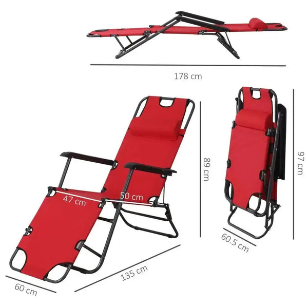 2 in 1 outdoor folding sun lounger w/ adjustable back and pillow red - Nexellus