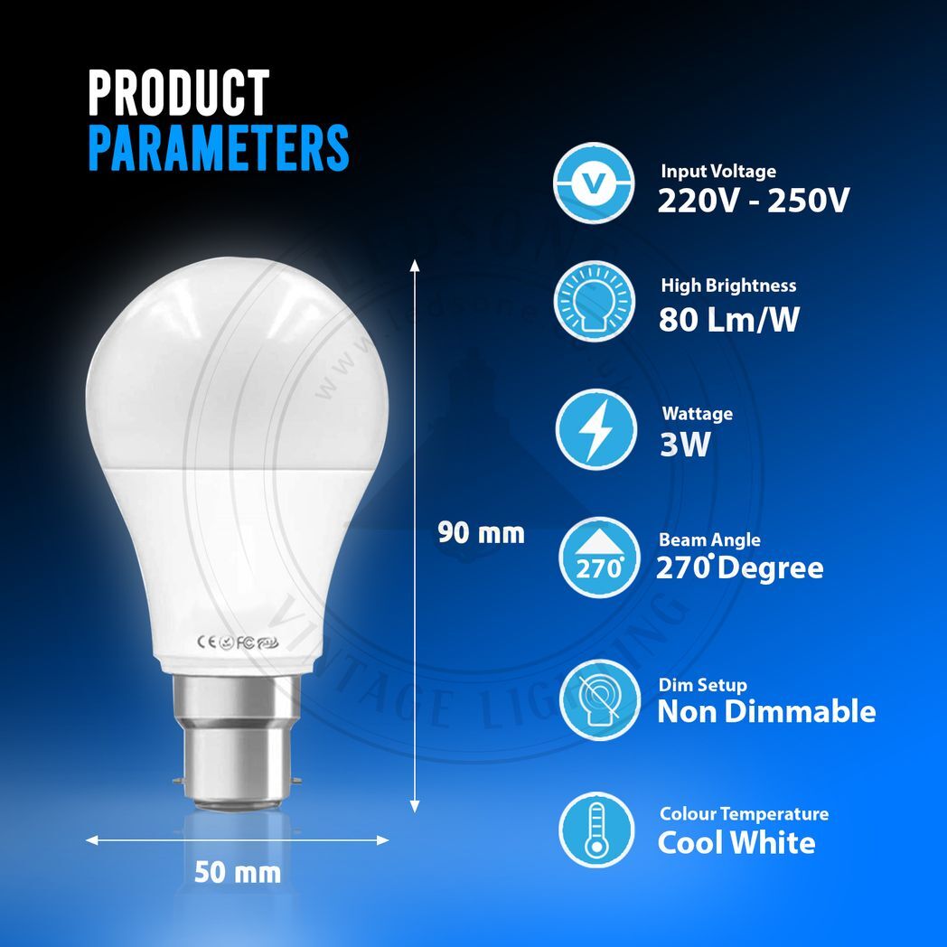 2 Pack 3W B22 Screw LED Light GLS bulbs, Energy Saving Edison Cool White 6000K non dimmable lights - Nexellus