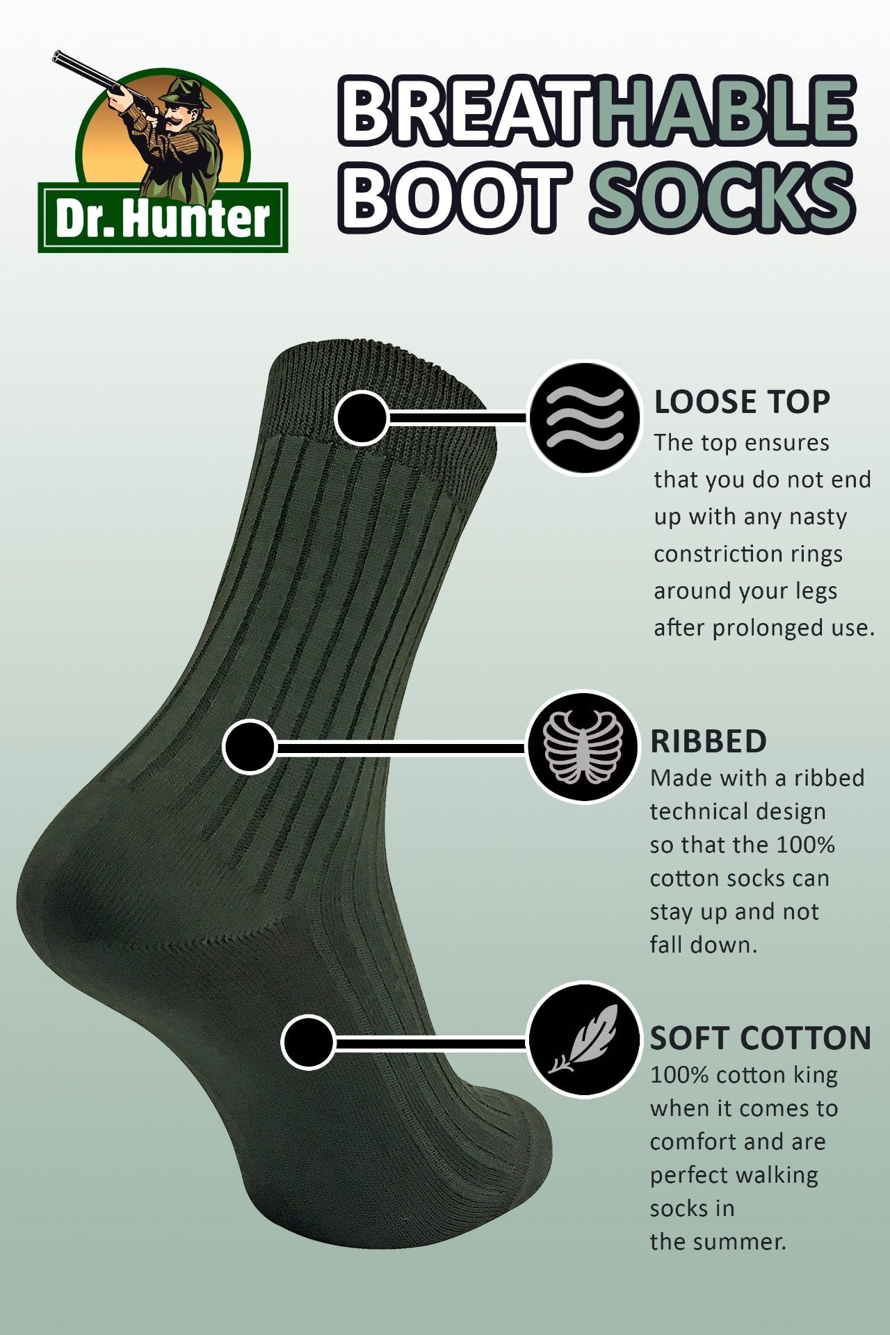 2 Pairs Mens 100% Cotton Breathable Hiking Socks - Nexellus