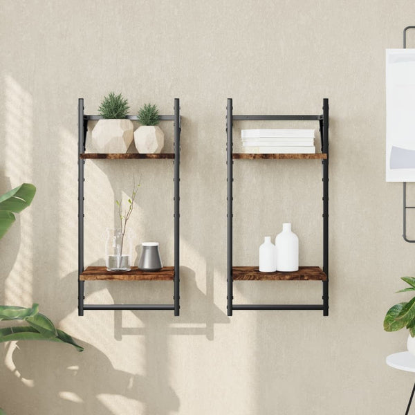 2 - Tier Wall Shelves with Bars 2 pcs Smoked Oak 30x25x65 cm - Nexellus