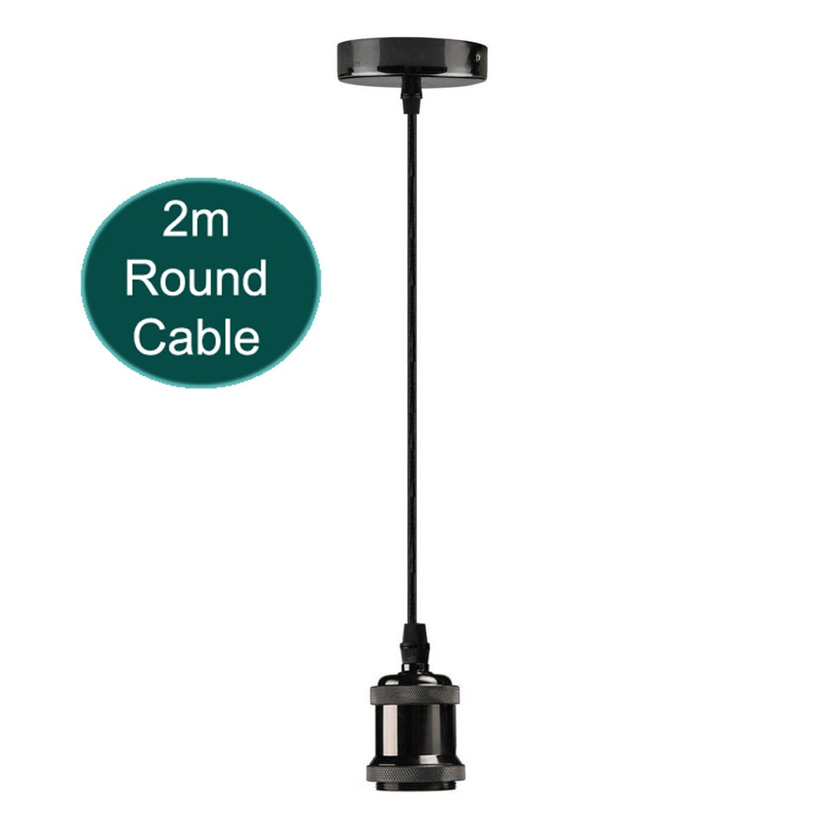 2m Black Round Cable +E27 Base Shiny Black Pendant Holder~1725 - Nexellus