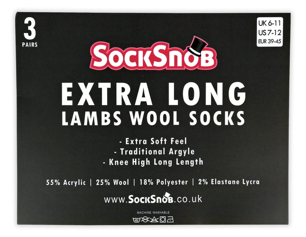 3 Pairs Mens Argyle Lambs Wool Knee High Socks - Nexellus