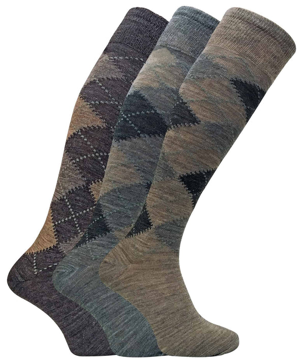 3 Pairs Mens Argyle Lambs Wool Knee High Socks - Nexellus