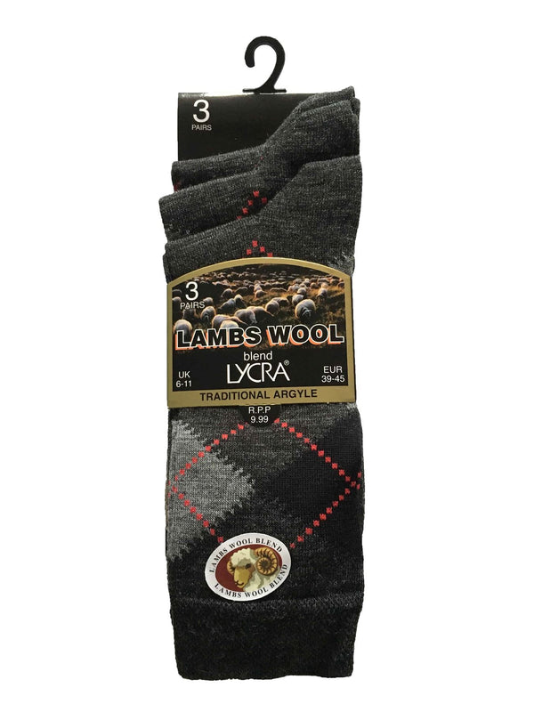 3 Pairs Mens Argyle Lambs Wool Socks (SED Brown) - Nexellus