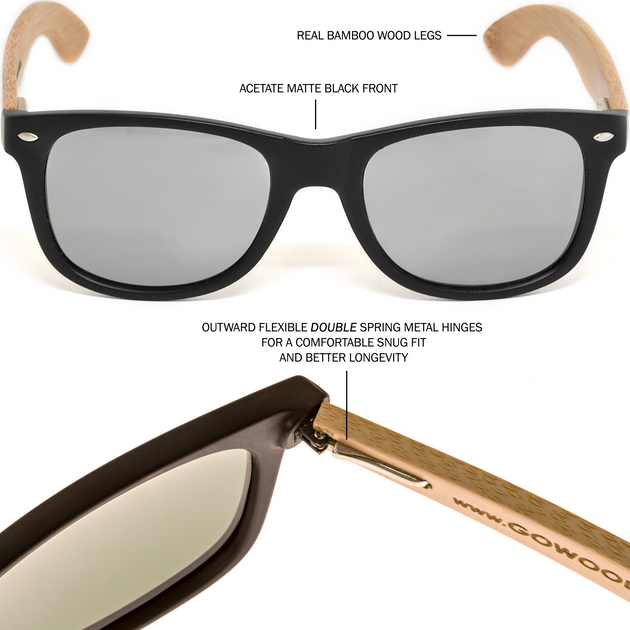 Bamboo wood classic style sunglasses with silver mirrored polarized lenses - Nexellus