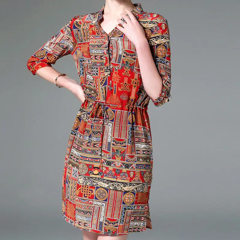 Ladies vintage print stitching slim shirt dress