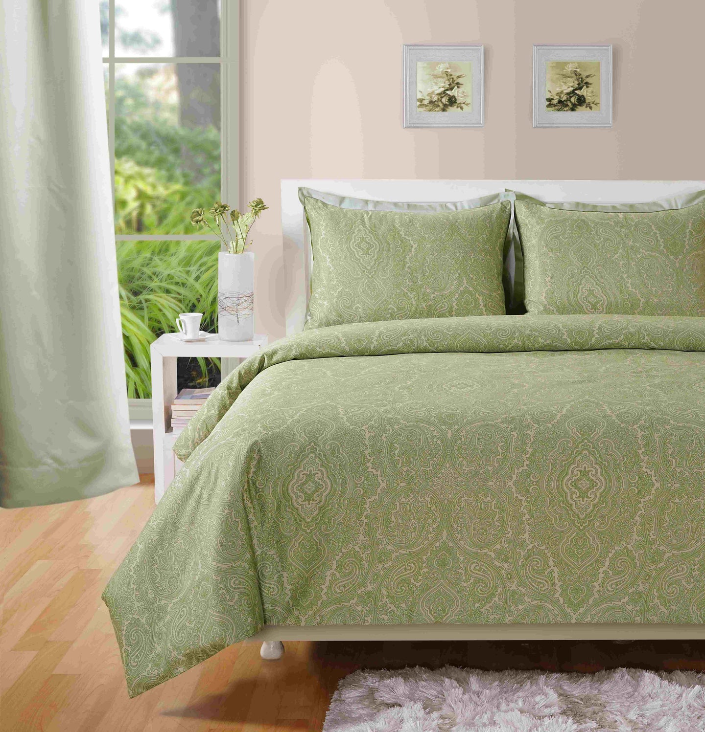 400 TC - Cotton Rich Paisley Print Duvet Cover Set Green [King] - Nexellus