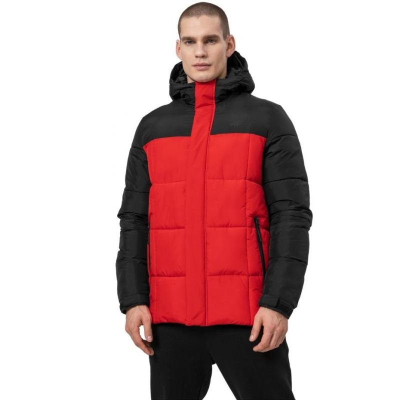 4F Men's Dark Red Quilted Down Jacket H4Z22 KUMP009 61S with Hood and 3 Zipped Pockets - Nexellus