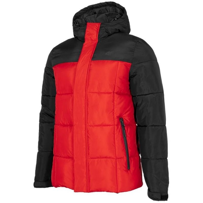 4F Men's Dark Red Quilted Down Jacket H4Z22 KUMP009 61S with Hood and 3 Zipped Pockets - Nexellus