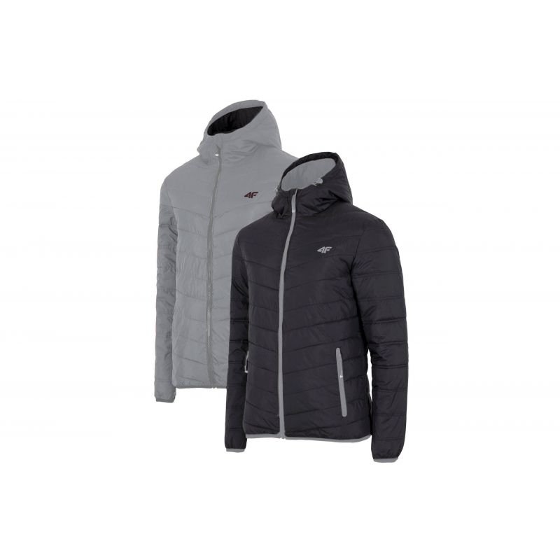 4F Men's Double - Sided Jacket with Hood, Zippered Pockets in Cool Light Gray and Black - Nexellus