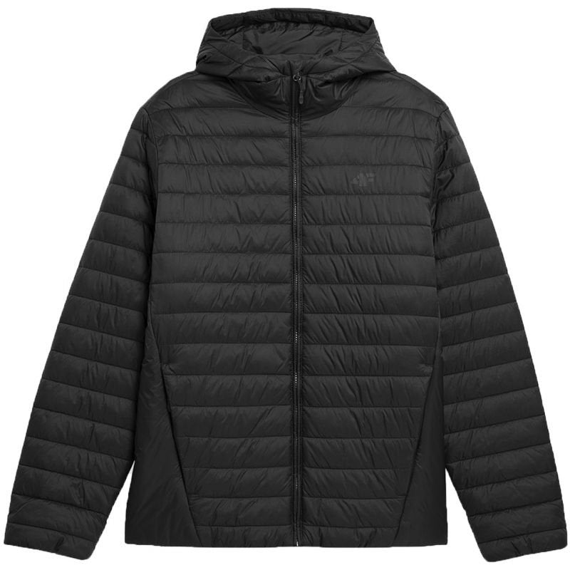 4F Men's Down Jacket 4FAW23TDJAM240, Deep Black, 100% Recycled Polyester, Fixed Hood, Windproof Flap - Nexellus