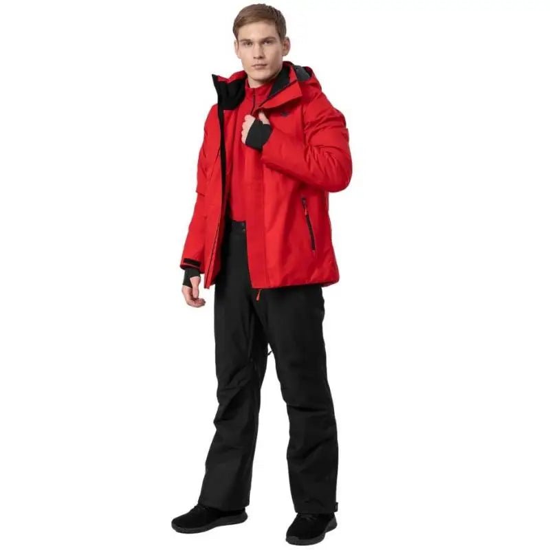 4F Men's Red Ski Jacket H4Z22 KUMN004 62S with Waterproof Protection, Detachable Hood, and Snow Skirt - Nexellus