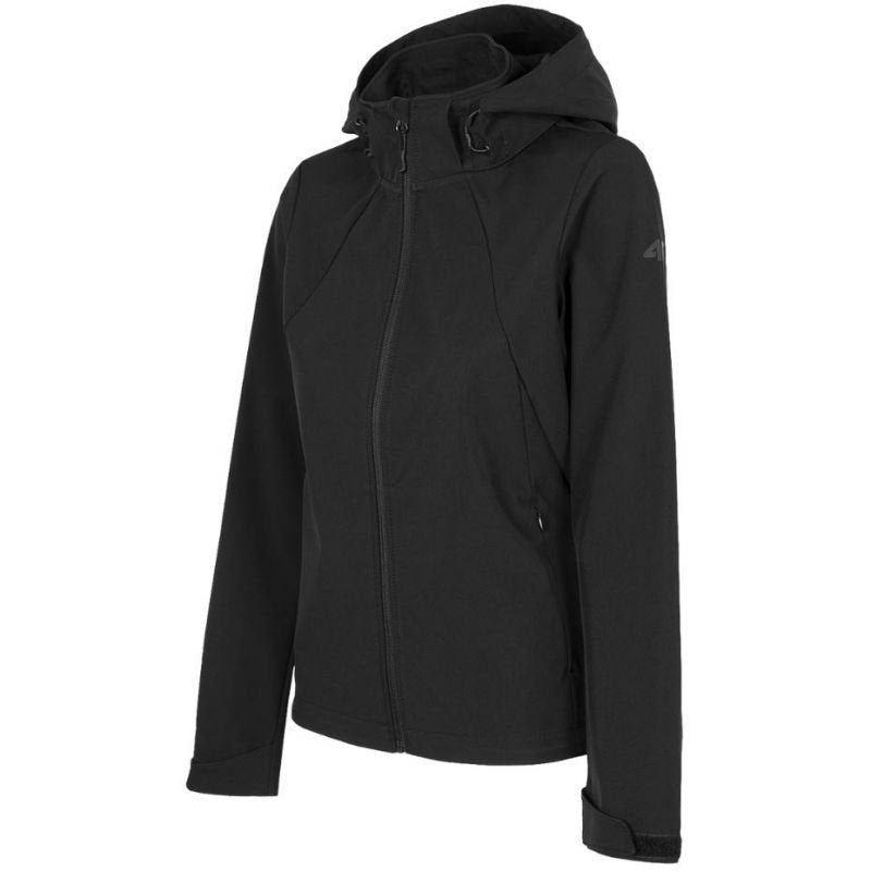 4F Women's Black Softshell Jacket H4Z22 SFD001 20S Windproof with Detachable Hood and Zipped Pockets - Nexellus