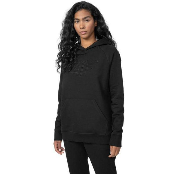 4F Women's Black Sweatshirt With Kangaroo Pocket, Double - Layer Hood, 80% Cotton for Comfort - Nexellus