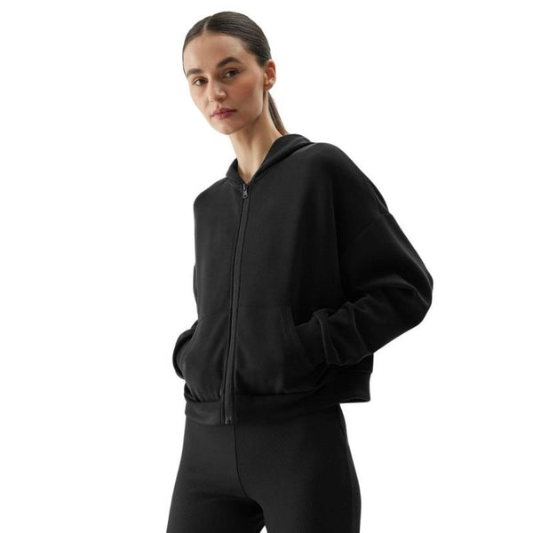 4F Women's Black Zipped Hoodie Sweatshirt with Pockets, Regular Fit, Soft Modal Blend, 4FWSS24TSWSF1002 - Nexellus