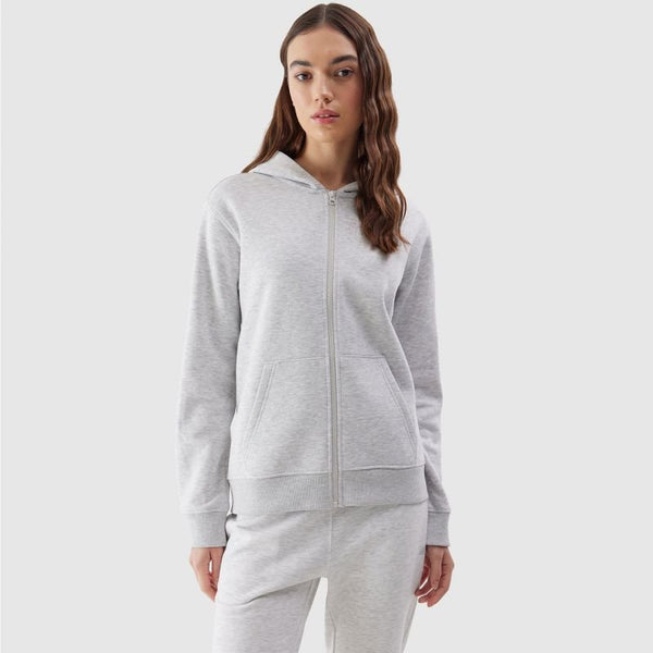 4F Women's Gray Zippered Hoodie Sweatshirt with Pockets, Elastic Cuffs, Soft Cotton Blend - Nexellus