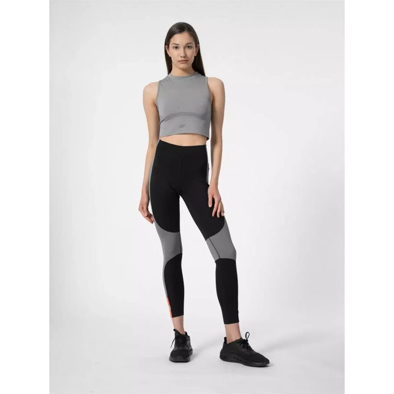 4F Women's High Waisted Functional Leggings with 4F Dry Technology and Back Pocket, Black/Silver - Nexellus