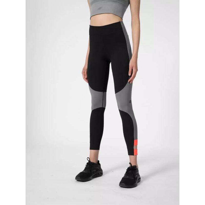 4F Women's High Waisted Functional Leggings with 4F Dry Technology and Back Pocket, Black/Silver - Nexellus