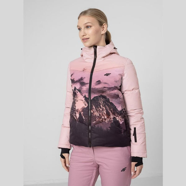 4F Women's Ski Jacket H4Z22 - KUDN004 56S - Pink, Down Filled, High Collar With Hood, Zipper Closure - Nexellus