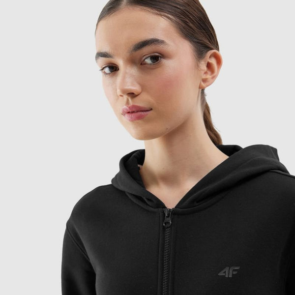 4F Women's Zippered Hoodie Sweatshirt, Deep Black, Cotton Blend, 2 Side Pockets, Elastic Cuffs, Model F0956 - Nexellus