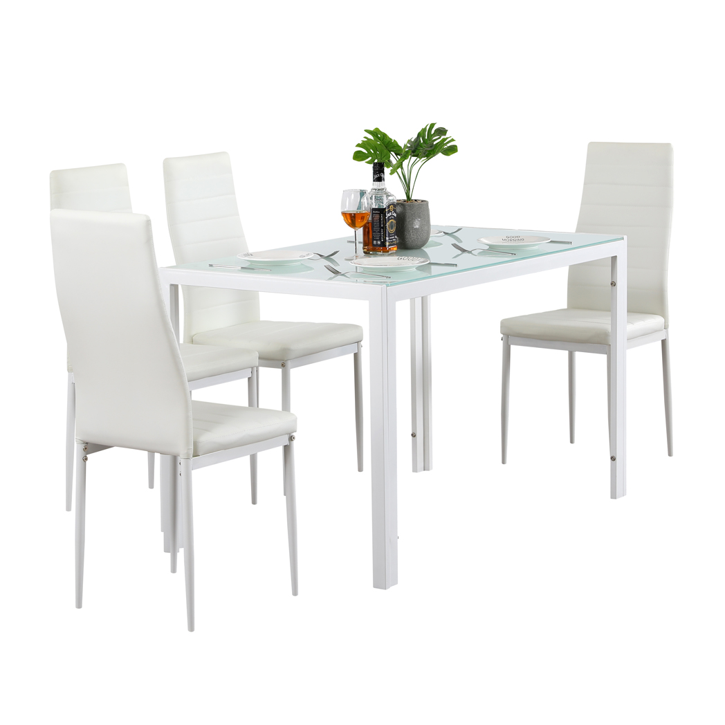 5 Piece Dining Set GlassTable and 4 Leather Chair for Kitchen Dining White(Alternate code: 76402543) Nexellus