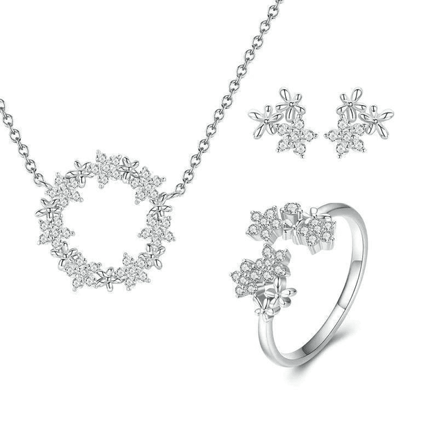 Silver Floral Pendant Necklace Jewelry Set - Nexellus