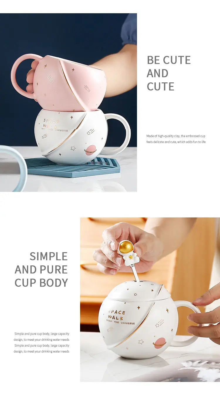 Planet mug ceramic coffee cup with lid spoon