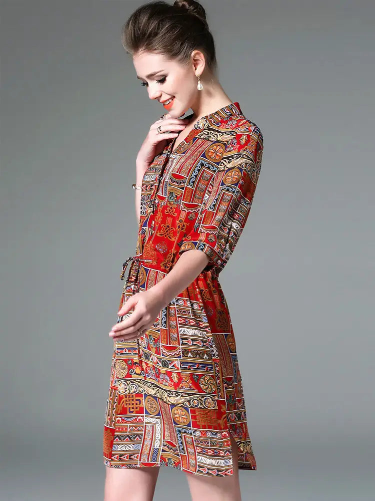 Ladies vintage print stitching slim shirt dress