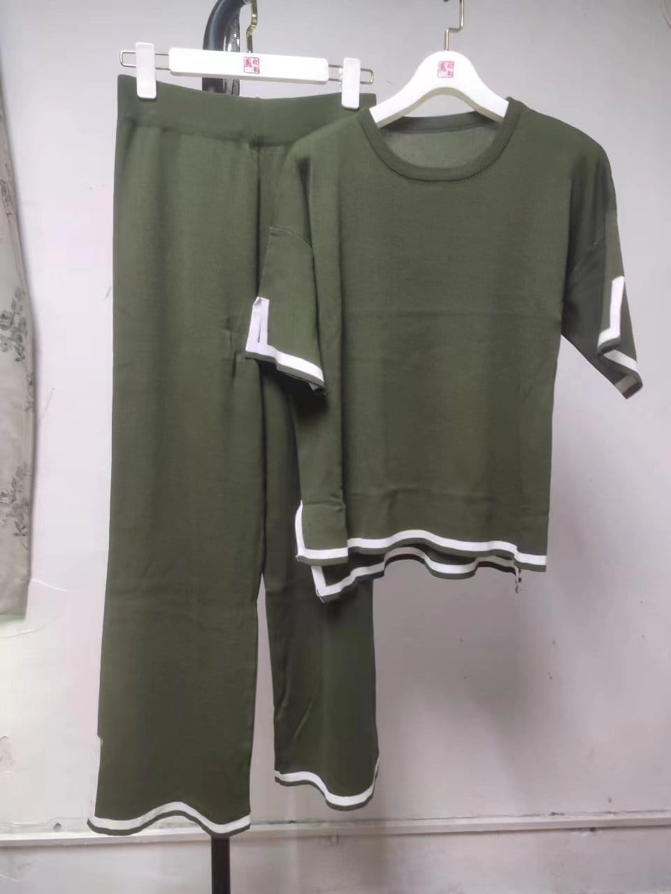 Knitted suit sweater suit short sleeve pullover wide leg