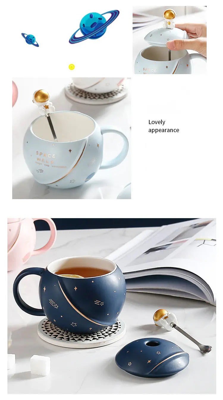 Planet mug ceramic coffee cup with lid spoon