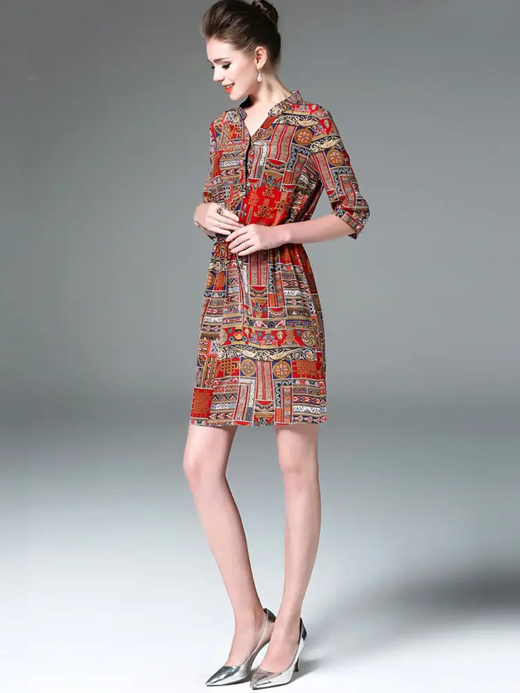 Ladies vintage print stitching slim shirt dress