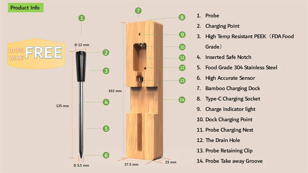 Smart wireless bluetooth grill thermometer food thermometer