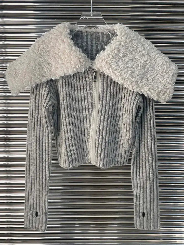 Women’s plush neck striped knitted cardigan