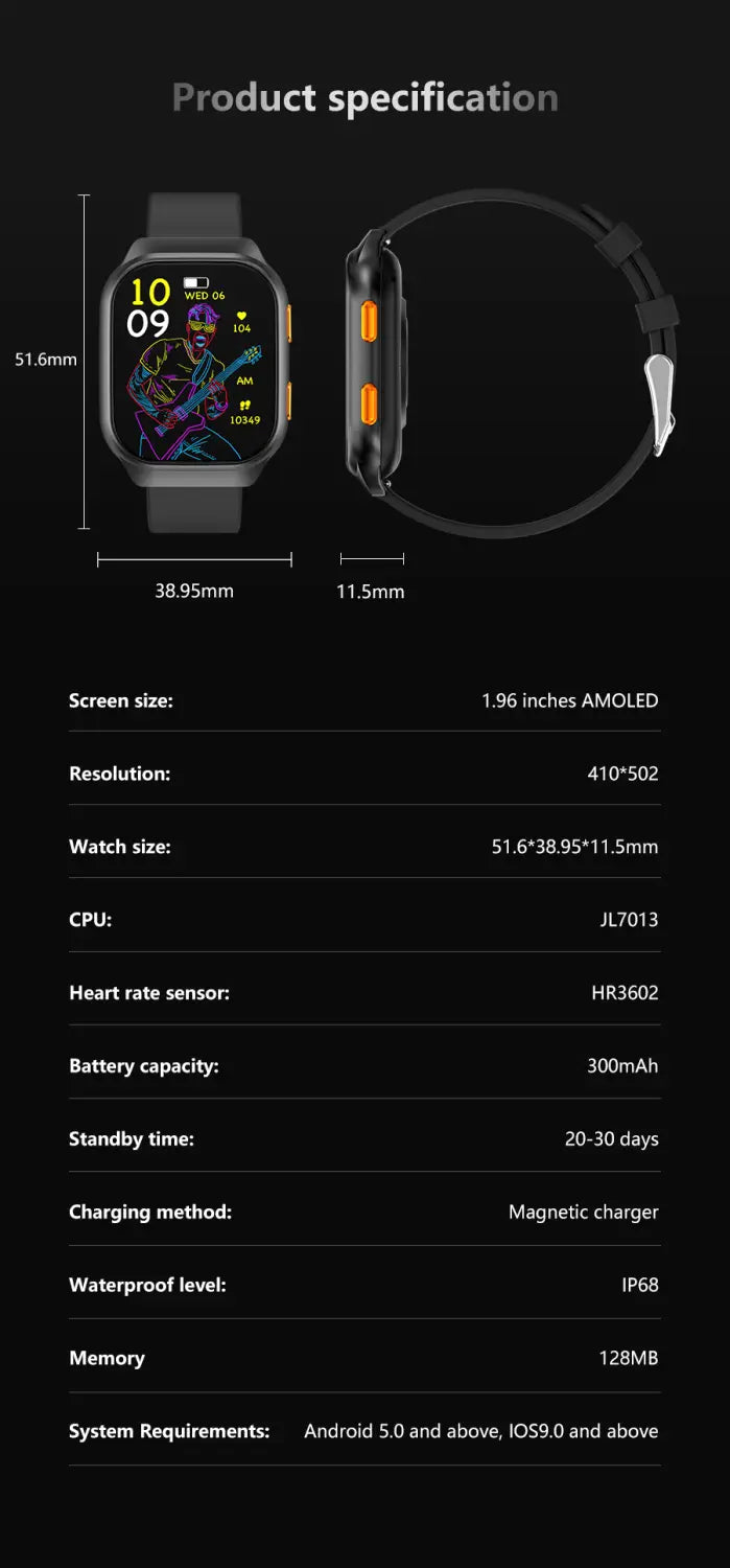 Fw16e smart watch amoled screen mini health monitoring