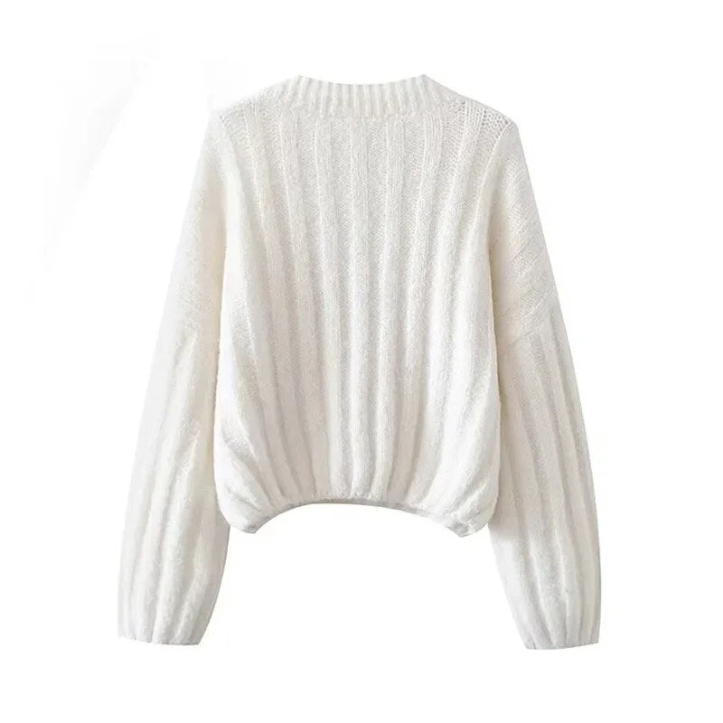 Women’s knitted pullover v-neck lantern long sleeve solid