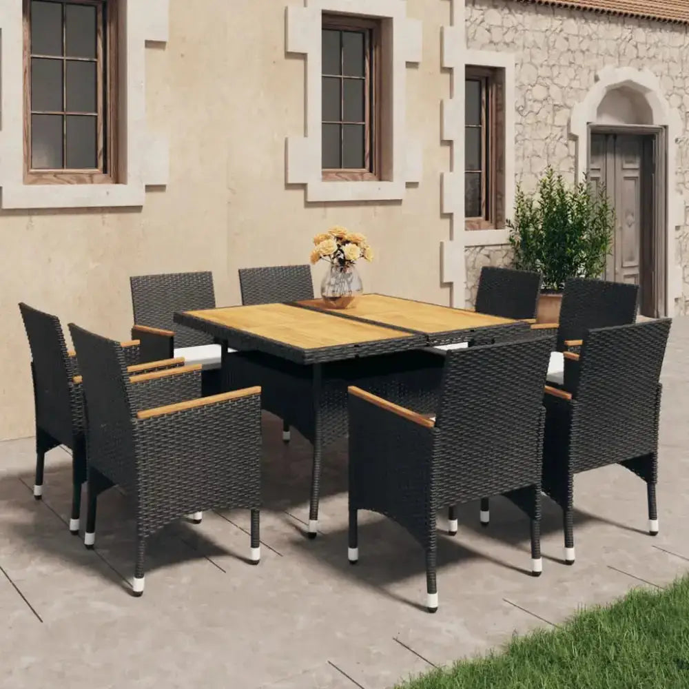 9 piece garden dining set poly rattan and solid wood black Nexellus